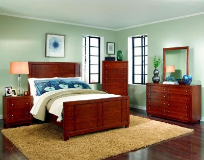 Cherry Finish Modern Bedroom w/Decorative Metal Hardware