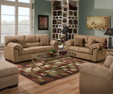 Latte Microfiber Modern Sofa & Loveseat Set w/Throw Pillows