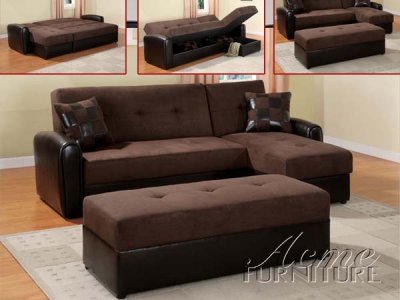 Chocolate Microfiber Modern Reversible Sectional Sofa w/Ottoman