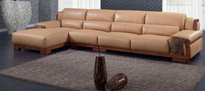 Camel Leatherette Modern Sectional Sofa w/Block Wooden Legs