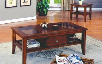 Brown Cherry Finish Modern 3 Pc Coffee Table Set w/Drawer [ABCCT-4211]