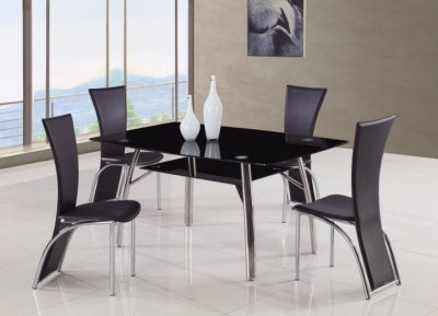 Black Glass Top Modern 5Pc Dining Set w/Shelf & Metal Legs