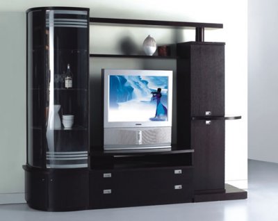 Modern Wenge Finish Entertainment Unit With Glass Door Cabinets