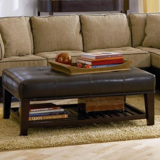 Dark Brown Vinyl Modern Ottoman w/Shelf & Tufted Accents