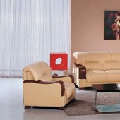 Beige Leather 3Pc Modern Living Room Set w/Wooden Armrests