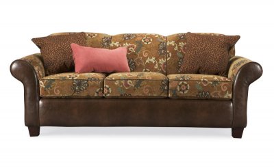 Fabric & Bycast Leather Traditional Living Room Sofa w/Ottoman