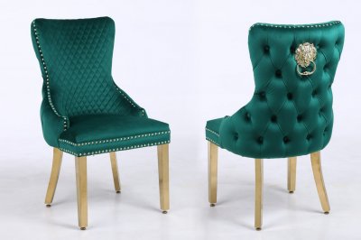 Leo Gold Dining Chair Set of 2 in Green Fabric