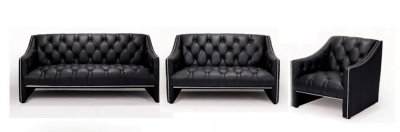 Black Button Tufted Italian Leather Modern 3PC Living Room Set