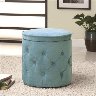 Blue Button Tufted Chenille Fabric Modern Ottoman w/Storage