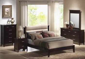 Mahogany Finish Modern Bedroom Set w/Beige Microfiber Headboard [CRBS-201291Q]