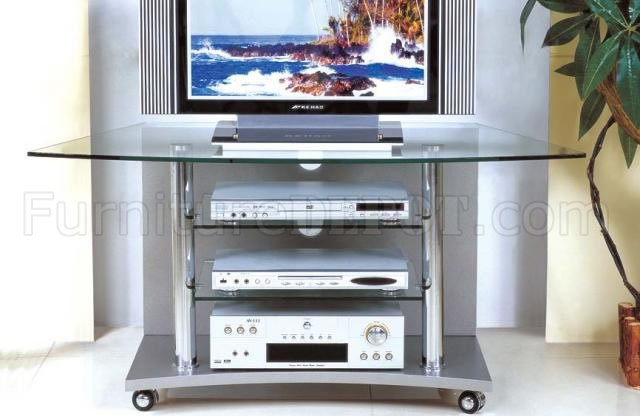Silver Finish Contemporary TV Stand With Glass Shelves