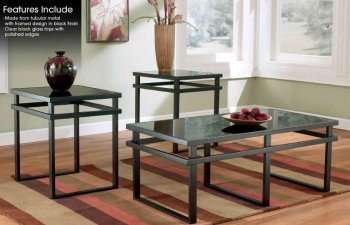 Black Clear Glass Top Modern 3Pc Coffee Table Set w/Metal Frame [PNCT-T180]