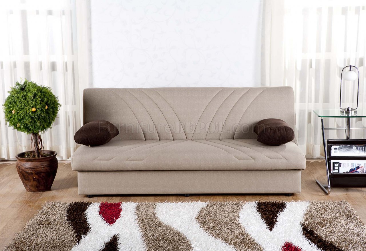 Dark Beige Fabric Modern Sofa Bed w/Storage - Click Image to Close