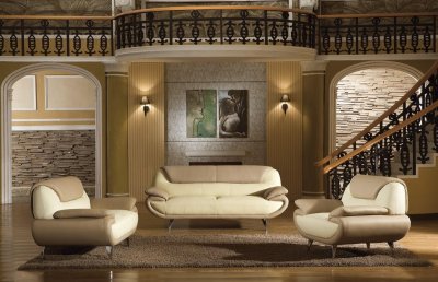 Two-Tone Light Brown & Beige Leather 3PC Living Room Set