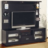 Black Finish Contemporary TV Console W/Glass Shelves & Lights