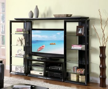 Gloss Black Modern Entertainment Wall Unit w/Glass Shelves [CRTV-700311]