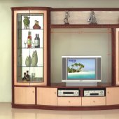 Maple Finish Contemporary Wall Unit With Two Display Cabinets