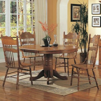 Medium Oak Finish Traditional 5Pc Dining Set w/Pedestal Base