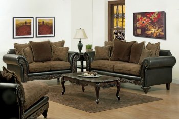 Brown Fabric and Dark Brown Vinyl Classic Sofa & Loveseat Set [PNS-U175]