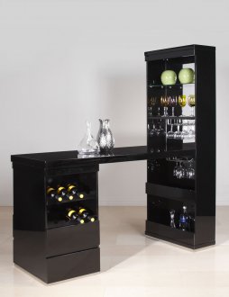 Glossy Black Finish Modern Bar Unit w/Counter Top & Wine Rack