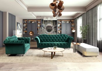 Darcy Sofa & Loveseat Set in Emerald Green Velvet Fabric [KCS-Darcy Emerald Green]