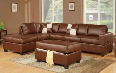 Brown Bonded Leather Contemporary Sectional Sofa w/Ottoman