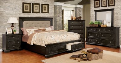 Roisin CM7578 Bedroom in Wire-Brushed Black w/Fabric Headboard