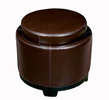 Light Brown Round Shape Tray-Top Leather Ottoman With Storage [WIO-Y-113]