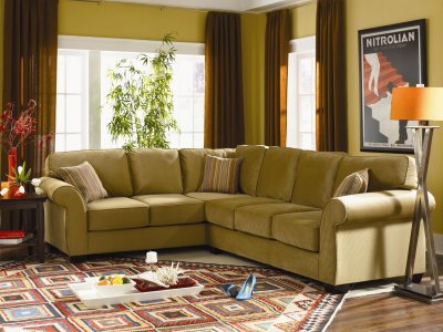 Tan or Olive Velvet Contemporary Sectional Sofa w/Rolled Arms