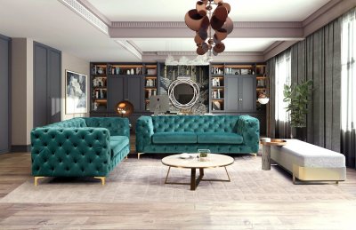 Benedict Sofa & Loveseat Set in Medium Green Velvet Fabric