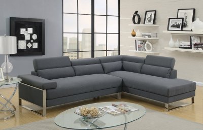 F6539 Sectional Sofa in Charcoal Glossy Polyfiber Fabric by Boss