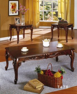 Cherry Finish Set of 1 Coffee & 2 End Tables W/Carved Details