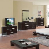 6Pc Wenge High Gloss Finish Modern Bedroom Set w/Silver Accents