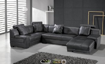 Black Leather Modern Sectional Sofa w/Adjustable Headrest [VGSS-St.Petersburg]