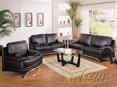 Black Bonded Leather Modern Living Room Sofa w/Options