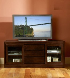 Dark Cherry Finish Modern TV Stand w/Sliding Framed Glass Doors