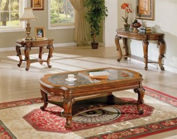 Rich Oak Finish Antique Classic Coffee Table with Glass Inlays [CRCT-348-700518]