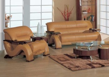 Brown Leather Modern Sofa & Loveseat Set with Mahogany Arms [GFS-2033BR-SL]