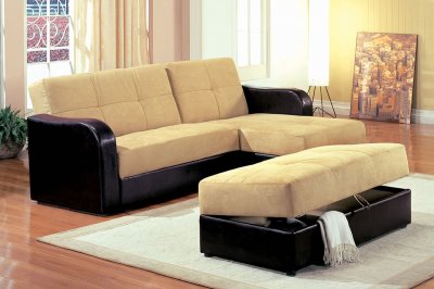 Two-Toned Tan & Brown Contemporary Sectional Convertible Sofa