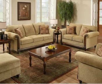 Beige Fabric Sofa & Loveseat Set w/Optional Chair & Ottoman [UDS-8003-Brass]