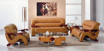 Camel Bonded Leather Modern Sofa w/Wooden Arm Rests [VGS-2033-Camel]