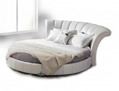 Round White Leather Bed w/Elegant Curvy Headboard