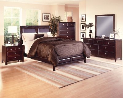 Cappuccino Finish 5Pc Modern Bedroom Set w/Leatherette Inserts