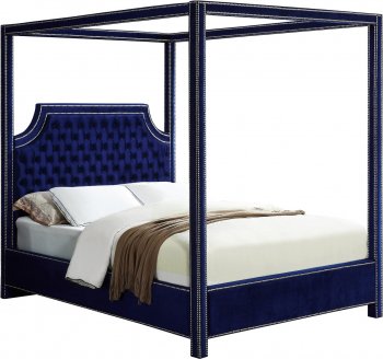 Rowan Upholstered Bed in Navy Velvet Fabric by Meridian w/Canopy [MRB-Rowan Navy]