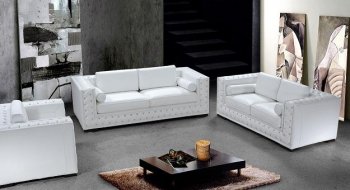 White Leather Modern 3Pc Sofa, Loveseat & Chair Set w/Crystals [VGS-Dublin-White]