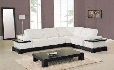 White Leather Contemporary Sectional Sofa W/Cappuccino Wood Base