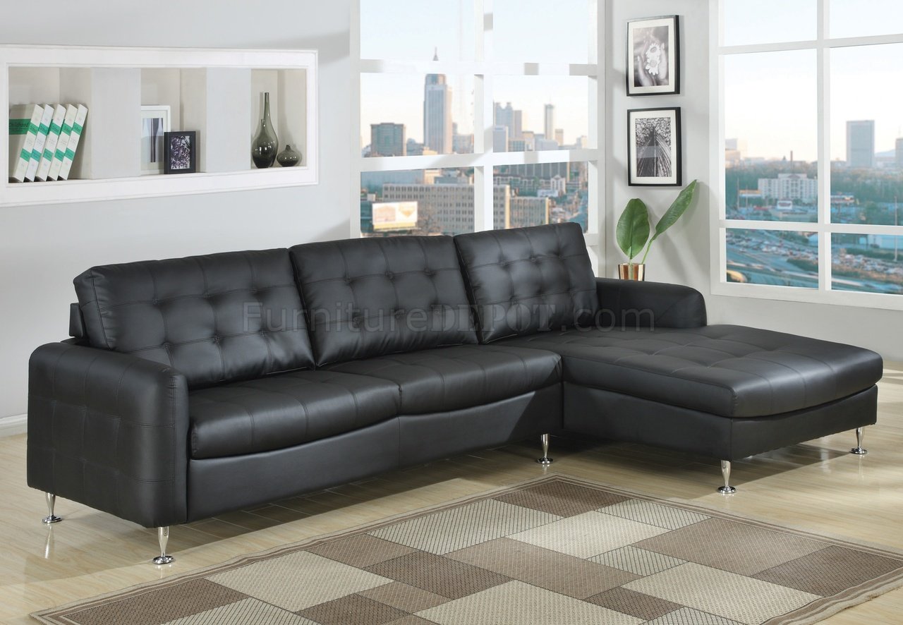 Black Bonded Full Leather Modern Sectional Sofa w/Chrome Legs