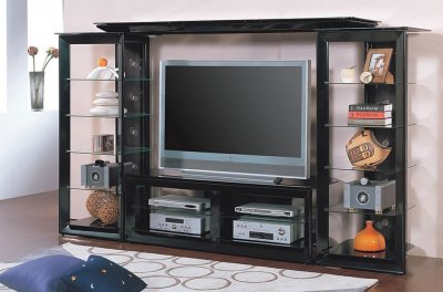 Pearl Black Contemporary TV Stand W/Glass Shelves