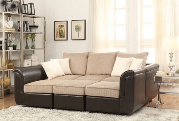 Caisy Sectional Sofa 52245 in Light Brown Velvet & Brown PU [AMSS-52245-Caisy]