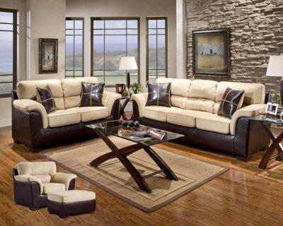 Mocha Fabric & Dark Brown Vinyl Modern Sofa and Loveseat Set